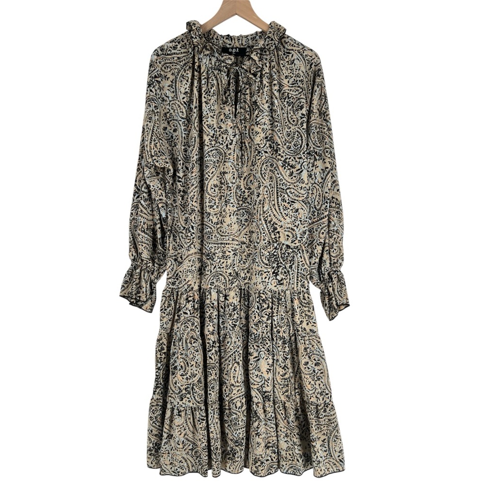 OPT Boho Paisley Print Long Sleeve Tiered Midi Dress Peasant Prairie Ruffle M